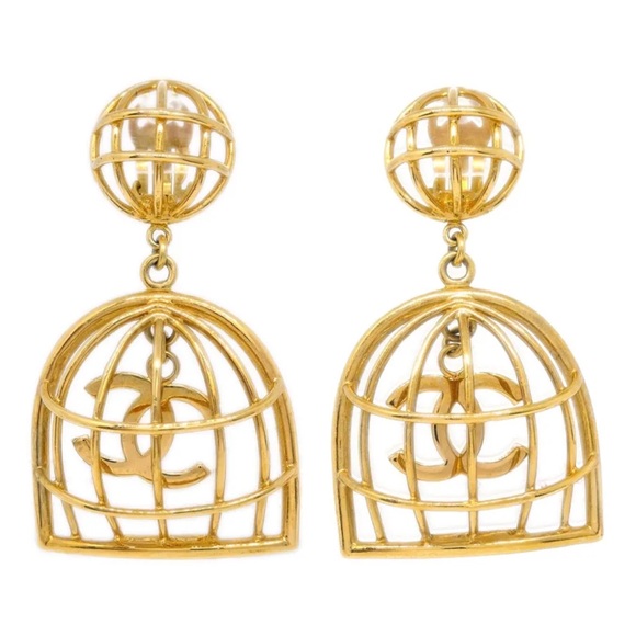 Chanel Vintage Gold Plated CC Birdcage Drop Earrings - Picture 1 of 1